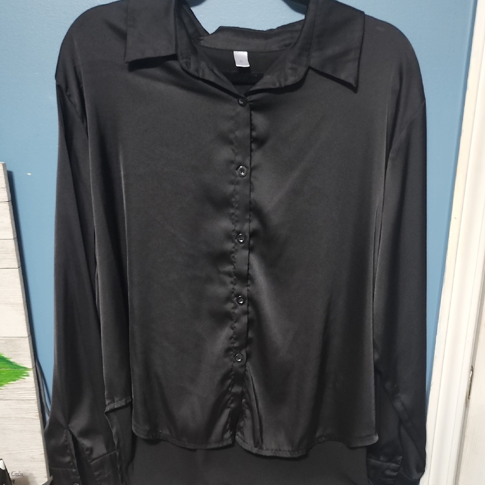 Black Satin Button-Up Shirt